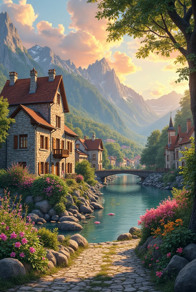 a small village by the river, mountains in the background, fleurs florales colorées,  detailed landscape , Beaux paysages naturels, atmospheric lighting, coucher de soleil brûlant, warm colors, pratique, photorealistic, Detailed foliage ,  complex buildings, Cobblestone street, Charming country house, bright swirling colors, lush vegetation,  Reflections of still water, Pittoresque, idyllique,  work of art, best quality, 8k, extremely detailed, style anime.