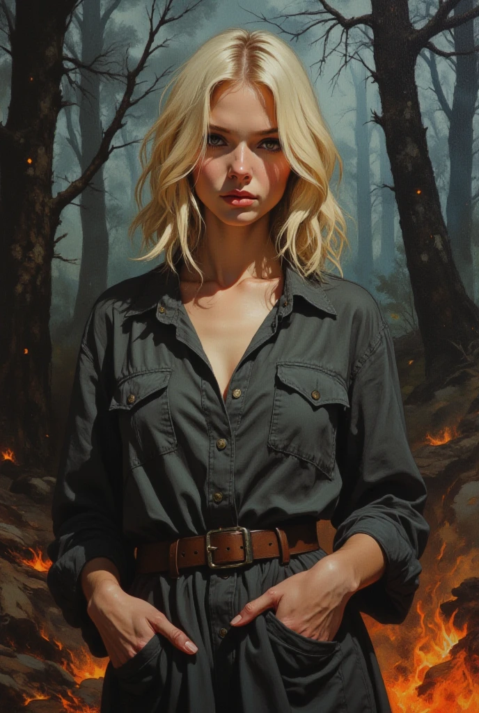 oil painting,  woman, 25 years old, blonde, shoulder length hair, dark gray history silk button-down shirt like dress, leather belt, watercolor background of a gloomy forest, black fog, dynamic pose, roaring magic around, fire on the ground, lightning in the sky, portrait, looking straight into the camera, large strokes, high quality details