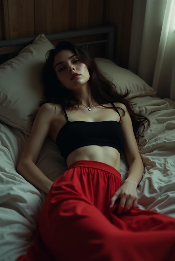 naked, (photorrealistic:1.4),8K,(work of art), best qualityer, highest quallity, (face detailed:1.5),original,high resolution, unparalleled work of art, ultra realistic 8K, Perfect artwork, ((perfect female figure)), narrow waisted, skinny,skin detailed, epicrealism, fcPortrait, lying in the bed, White top, naked