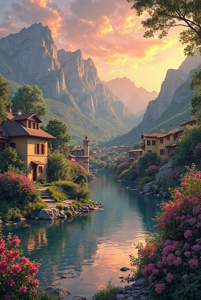 a small village by the river, mountains in the background, floral flowers colorful, detailed landscape, Beautiful natural landscapes, atmospheric lighting, scorching sunset, warm colours, practical, photopractical, Detailed Foliage, complex buildings, cobblestone street, Charming country house, swirly vibrant colors, lush vegetation, Still water reflections, Picturesque, idyllic, work of art, best qualityer, 8k, extremely detaild,anime styling
