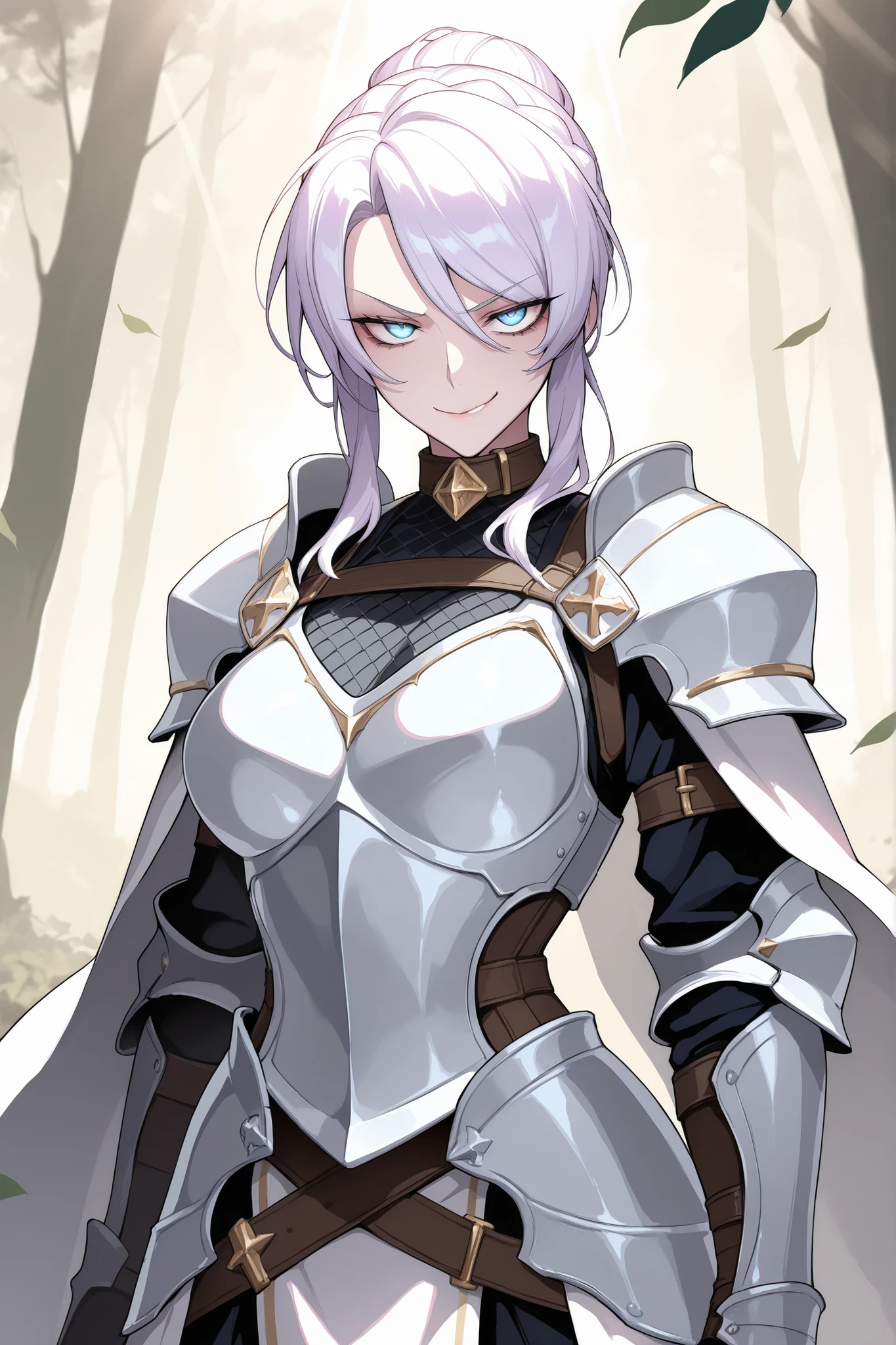 absurdres, (((Ultra HD))), (((Ultra High Quality))), ((hyper detailed)), ((Ultra High Resolution)), (Highly rendered), ((detailed eyes)), (((8K))), ((perfect face)), ((masterpiece)), cinematic, darkened, solo, 1girl, tall, Violet hair, short hair, side locks, hair braids, hair bun, smirk, swept bangs, blue eyes, medium breasts, knight, collar armor, shoulder armor, armor, chest armor, cape, gauntlets, forest, sunlight, god rays, leaves