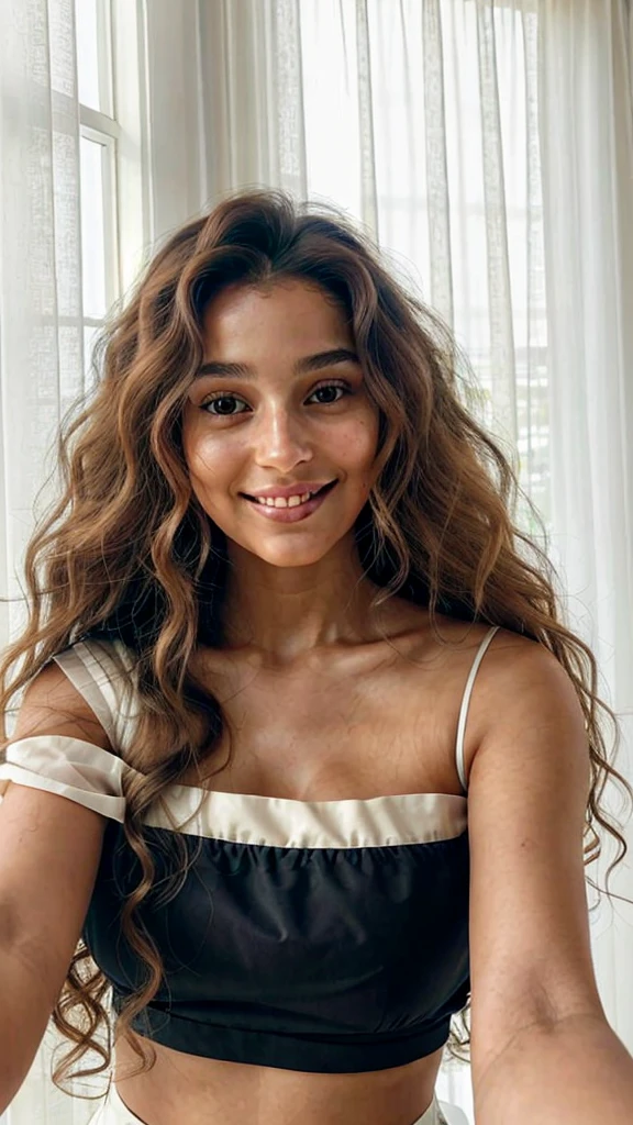 brown haired girl, latin american, wavy curly hair, soft green eyes,portrait of her face, smiling a bit, looking relaxed, sitting in a cute pyjama at the window,looking outside, morning light is entering, half body from the side, maximum detail, cinematographic image, maximum detail, professional lighting, Sony A7III camera, 50mm 1.8 lens, curly hair, brown hair, close up, cinematic lighting, textured skin, 8k, masterpiece, anatomically correct, textured skin, 16k