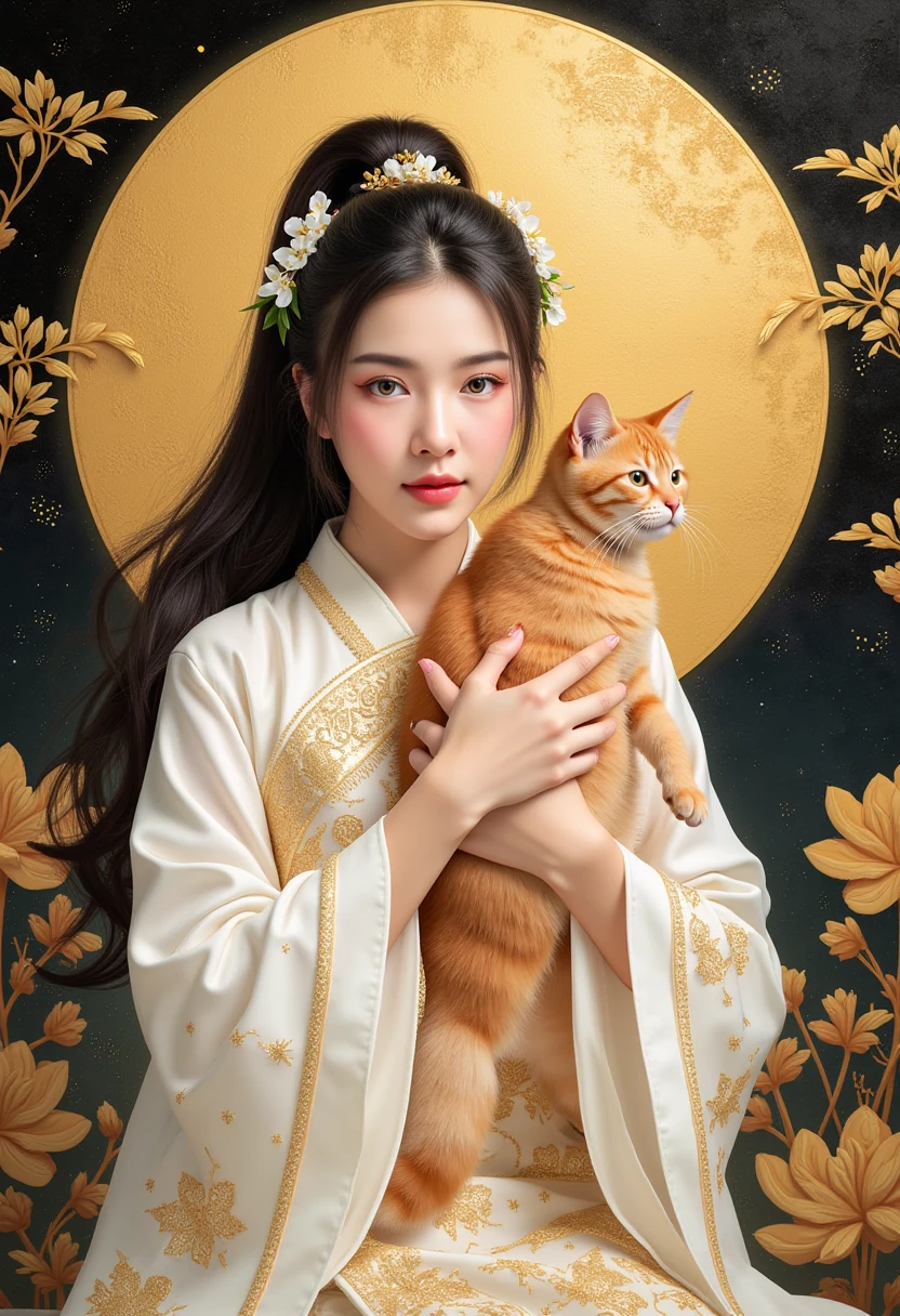 A photorealistic digital painting of a beautiful young East Asian woman with long flowing black hair, adorned with tiny jasmine flowers and golden hair accessories. She is dressed in an elegant white and gold outfit with intricate embroidery, inspired by traditional Asian clothing. Her pose is graceful yet attractive, holding a orange cute fat cat .  The background features a large golden sun disc with a textured surface, set against a black backdrop with golden floral patterns, enhancing the harmony of warm and cool tones, realistic.