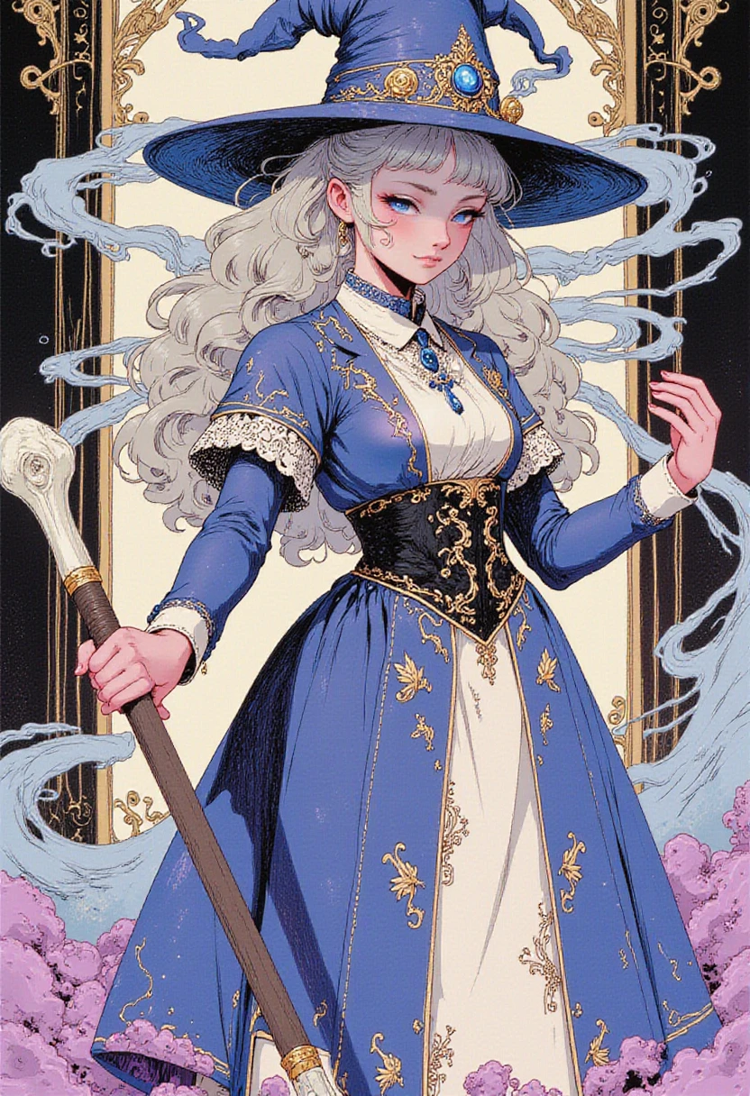 depicts a modern-day witch who has embraced the world of cybernetics to enhance her magical abilities. The artwork should convey the enchanting blend of traditional witchcraft and futuristic technology. Here are some specific elements to include: The Witch's Lair: The setting should be a cozy yet slightly eerie room, filled with magical books, crystal balls, potion ingredients, and antique furnishings. The room should be dimly lit by candles and a soft, mystical glow emanating from her cybernetic enhancements. The Cyborg Witch: The central focus of the artwork is the witch herself. She's a striking figure with a mix of traditional witch attire and cybernetic enhancements. Her clothing should have a witchy, occult aesthetic, with flowing robes, a pointed hat, and an intricate pentagram necklace. Her arms, however, have been upgraded with cybernetic components that incorporate magical symbols and glowing runes. Magical Interface: The witch is in the midst of casting a spell, with a holographic, touch-screen interface floating before her. This interface includes spell incantations, arcane symbols, and digital components, demonstrating her fusion of magic and technology. Spell Ingredients: On a nearby table, there should be a collection of spell ingredients, like herbs, potions, and magical artifacts. Some of these items may have been modified with cybernetic enhancements, blurring the line between the natural and the technological. Familiar: The witch's familiar, perhaps a cat or raven, should be present in the scene, serving as her magical companion. The familiar could also have subtle cybernetic enhancements or glowing eyes. Glowing Runes: The room should be adorned with ancient symbols and glowing runes on the walls and floor, contributing to the magical atmosphere. Aetherial Lighting: Use a combination of mystical, ethereal lighting and cybernetic glows to create a captivating interplay of light and shadow. The contrast between the tradit