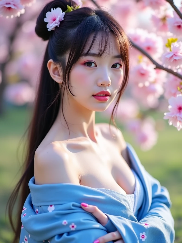 (Highly detailed body、Highly detailed face、Highest quality:1.2)、woman、Looking at the audience、((((Upper body naked、19 years old))))、(Lavender on background:1.4)、(((Upper body naked)))