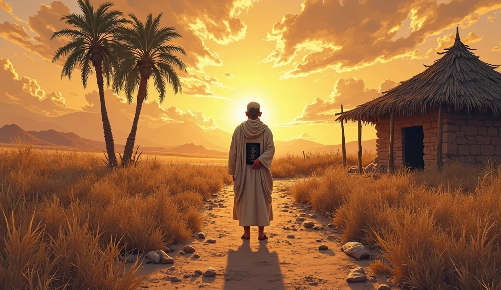 comic book illustrator with defined lines and shaded areas
 Semi realistic character  Middle eastern men
Mud brick village house rustic hut palm trees

Digital Painting with Semi-Realistic Illustration, use bright colours, a highly detailed ultra HD, 4K cinematic image. Two paths diverging in a field – one dark and thorny, the other lit with golden light. Hasan stands between them, one foot slightly turned toward the path of faith, holding the Qur'an close to his .