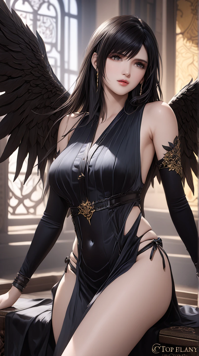 1girl, breasts, solo, horns, long hair, albedo (overlord), wings, large breasts, dress, hip vent, black wings, white gloves, gloves, looking at viewer, black hair, white dress, bare shoulders, hair between eyes, yellow eyes, feathered wings, demon horns, smile, feathers, demon girl, cleavage, slit pupils, detached collar, bangs, very long hair, closed mouth, black feathers, cowboy shot, covered navel, elbow gloves, white horns, standing, demon wings ,