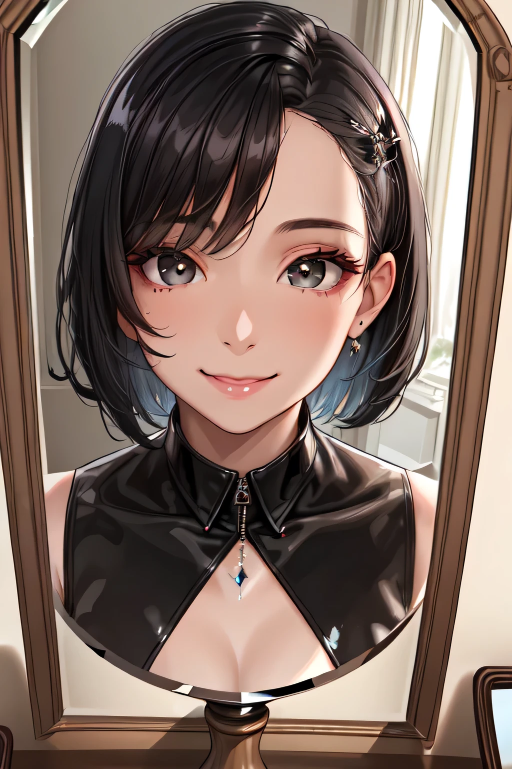 a woman face in reflected mirror:1.5, close up face:1.2, close-up portrait with direct gaze, black eyes, eye contact to viewer:1.5, face to viewer, smile, satisfied expression, reflection, bedroom, (ultra-detailed, masterpiece, ultra realistic, high quality, 8K), black hair, short hair, androgynous style, (reflection on glossy mirror:1.2), mirror glare, detailed skin texture