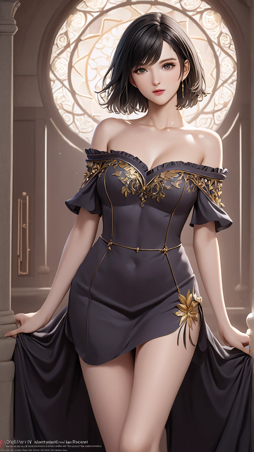 A female with medium breasts, slim body, tempting body, nice bare leg, bare arm, cleavage, bare shoulders, short hair, black hair, silk bed, silk mattress, soft bed, silk ornament, night lighting, flowers hair piece, feathers, particles, light rays, (masterpiece, top quality, best quality, official art, beautiful and aesthetic:1.2), (1girl:1.3), extremely detailed,(fractal art:1.1),(colorful:1.1)(flowers:1.3), highest detailed,(zentangle:1.2), (sexy sit pose), (curtain background:1.3), (shiny skin), (many colors:1.4), (earrings:1.4), (tight short dress:1.2), black laced, black webbed dress, (shiny skin), (many colors:1.4), (earrings:1.4), sexy eyes, innocent, smile, sweet, beautiful, attractive body, gorgeous, pink blush, waiting, want something.