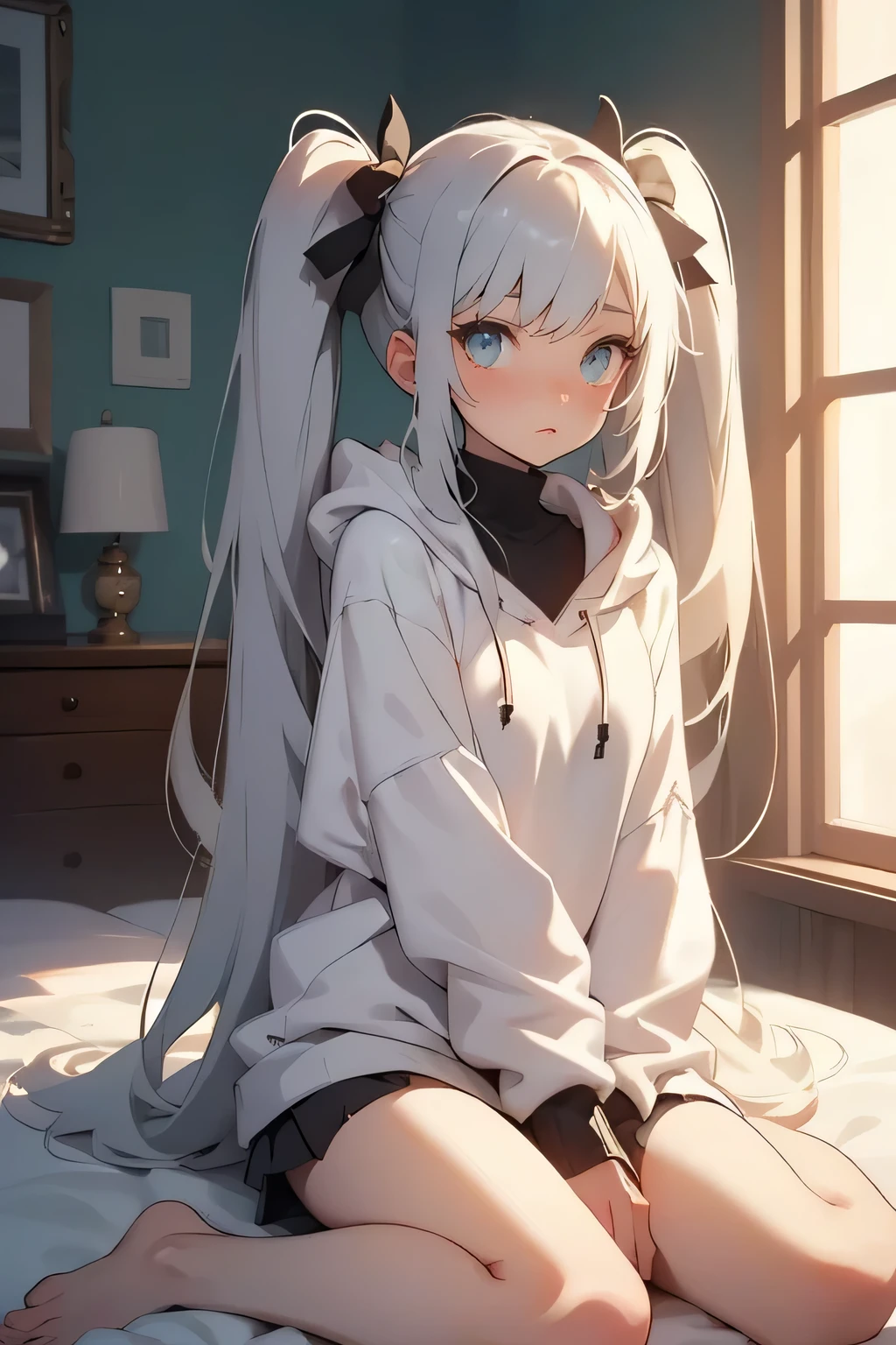 A quiet afternoon bedroom bathed in soft sunlight. A silver-haired gothic girl with long twin tails sits on the edge of a bed, wearing an oversized hoodie that slides gently off one shoulder. Her bare legs are tucked slightly inward, posture shy yet intentional. Her eyes—large, reflective, and tinged with uncertainty—look up from under faint bangs, as if asking a silent question. The air is still, but charged with unspoken emotion, like a moment caught between hesitation and invitation. A plush pillow with a gentle face leans beside her, the room holding its breath in quiet intimacy. No NSFW. Just soft tension, quiet vulnerability, and that one look that says everything without saying a word.