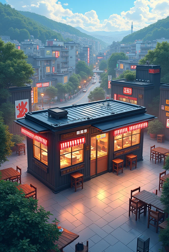 Make me an image that represents a food place with 5 black containers,manga,road,parking lot and tables around it