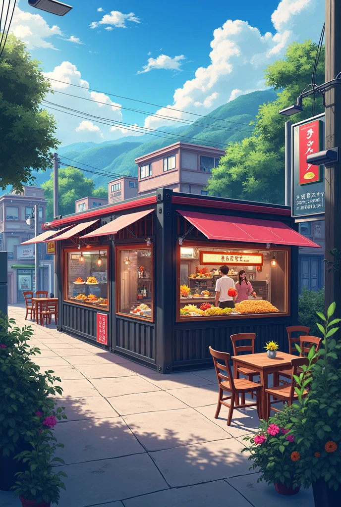 Make me an image that represents a food place with 5 black containers,manga,road,parking lot and tables around it