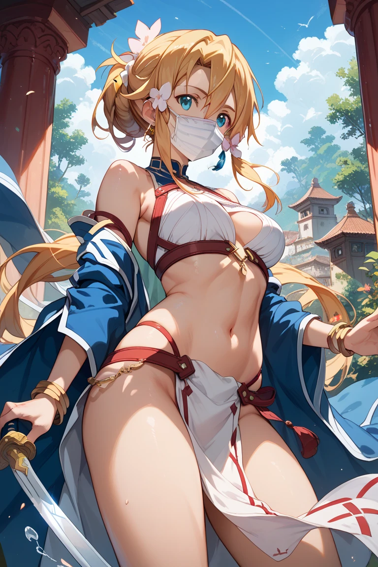 1 girls, (detailed light blue eyes, longeyelashes, detailed beautiful face:1.2), 4k quality, twintails, two sides up hair, (Long blonde hair:1.5), (arms behind back:1.3), (big breasts:1.6), (blushing:1.3), long hair, hair between eyes, (white bikini with side lacing, Red rope, 18 years old:1.5), (Bondage:1.3), raised eyebrows, full breasts, OTN, White Gag, gagged, (sitting:1.5), (sitting in a large modern bed in a bedroom, sitting in Front of a big window with a Sunny beach:1.6), looking at the Viewer
