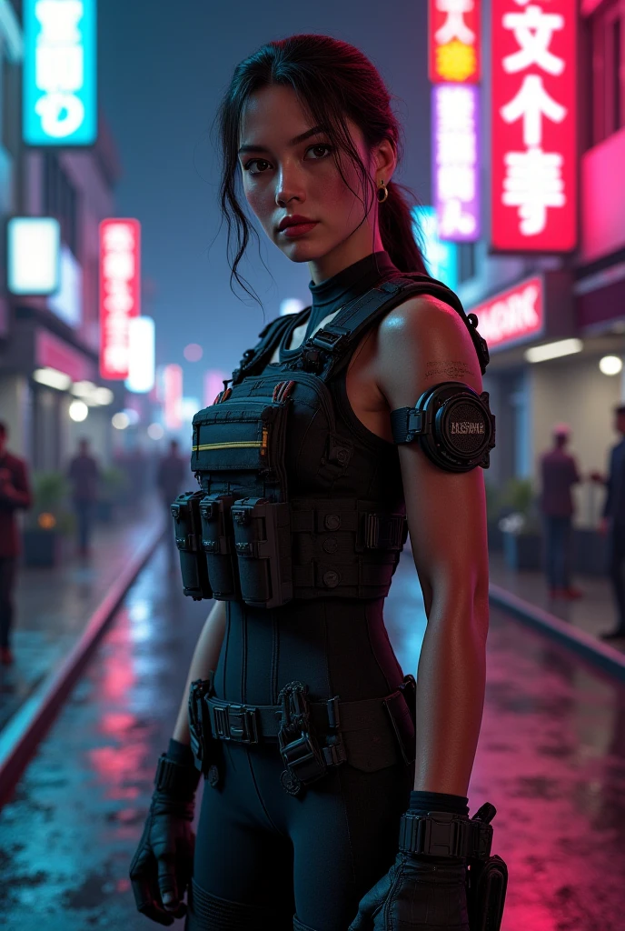 Jill Valentine in tight tactical clothing,  combative posture , given expression,  urban night environment ,  neon lighting .
