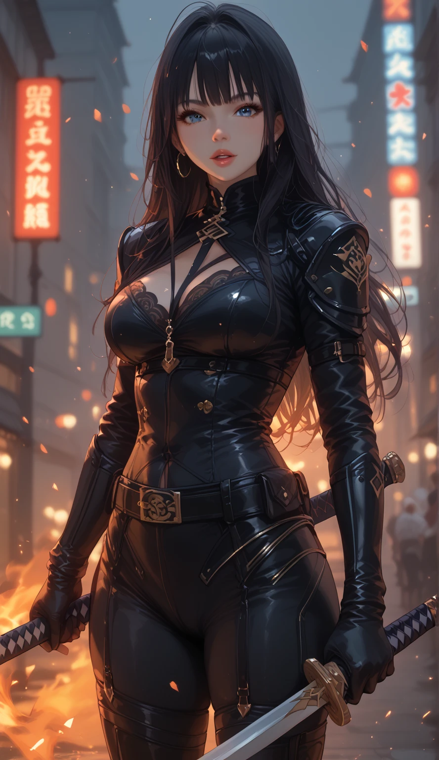 solo, Japanese、female rider、black rider suit(fire pattern)、 holding a Japanese sword in hand、is standing、night、City、masterpiece、 top quality、Beautiful Skin、Unbroken Body、Limbs that haven't gone bankrupt、unbroken fingers、 long black hair、black gloves、Black rider boots