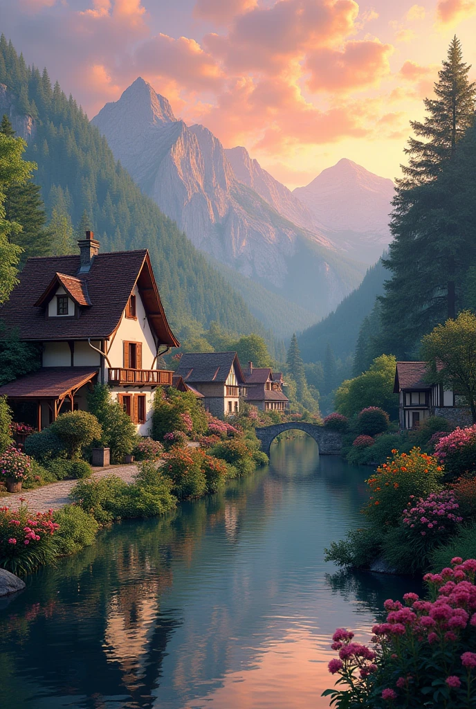 a small village by the river, mountains in the background, floral flowers colorful, detailed landscape, Beautiful natural landscapes, atmospheric lighting, scorching sunset, warm colours, practical, photopractical, Detailed Foliage, complex buildings, cobblestone street, Charming country house, swirly vibrant colors, lush vegetation, Still water reflections, Picturesque, idyllic, work of art, best qualityer, 8k, extremely detaild,anime styling
