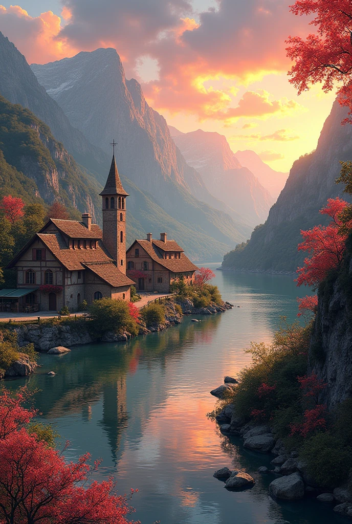 a small village by the river, mountains in the background, floral flowers colorful, detailed landscape, Beautiful natural landscapes, atmospheric lighting, scorching sunset, warm colours, practical, photopractical, Detailed Foliage, complex buildings, cobblestone street, Charming country house, swirly vibrant colors, lush vegetation, Still water reflections, Picturesque, idyllic, work of art, best qualityer, 8k, extremely detaild,anime styling