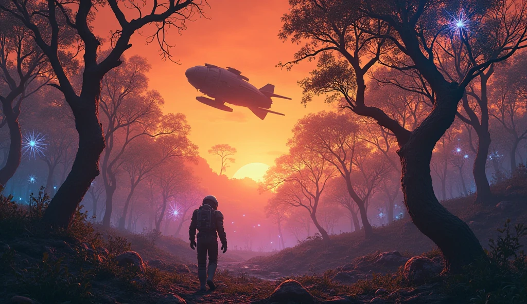 An emergency capsule cutting through the burning skies, falling amidst an orange sky. Abaixo, a bioluminescent alien forest, with trees with twisted trunks and leaves that shine in shades of blue and purple. O viajante, a human in a damaged spacesuit, emerges from the wreckage, looking around cautiously. No fundo, shadows stretched between the trees, revealing glowing reptilian eyes watching him from the dark."