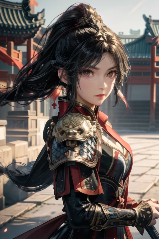 (Highest quality), Detailed Background, Oriental nobility,Warrior Girl,Martial Arts,has a halberd,They are, Monster Army
