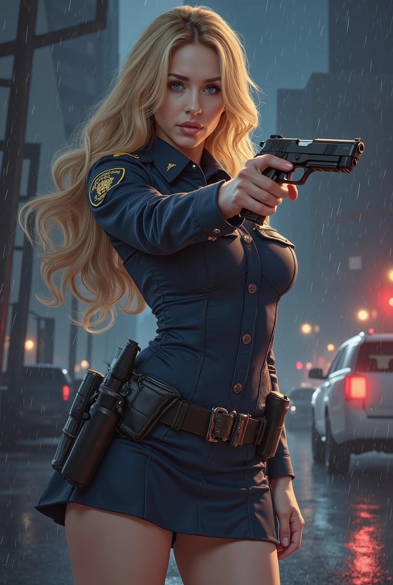 1 Female、American Beauty、M1K4YL4、Super beautiful、Facial beauty、blue eyes、Standing、New York Police Uniform、mini skirt、Golden Hair、Night Street、Backlight、The wind is blowing、it's raining、He is looking intently at the barrel of the gun.、Thigh-up shot、pointing pistol
