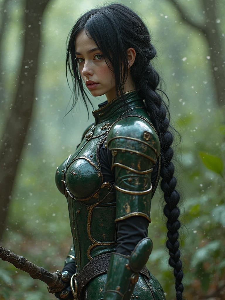 Side view, ((armra))
1girl, , black hair, tail, weapon, shoulder armor, pauldrons, breastplate, green eyes,(Masterpiece, absurdres, magical background fantasy, beautiful, extremely highly detailed, focused flash photo, amazing quality, best quality , hyper detailed, ultra detailed, HDR, UHD, perfect , depth of field, dramatic light, detailed atmosphere, volumetric light, high resolution, 8k, highly detailed, photorealistic, dramatic lighting, high quality, exquisite details, deli