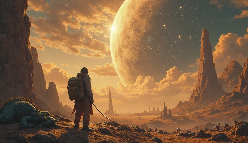 A grand and symbolic scene. Se exilado, the traveler walks alone in an alien vastness, looking at the floating city in the distance. Se venerado, he is erected on an altar, with reptilian crowds cheering him. If executed, a statue of him is already being erected, solidifying his legend. IN THE SKY, constellations shine, suggesting that his story will be told by generations.