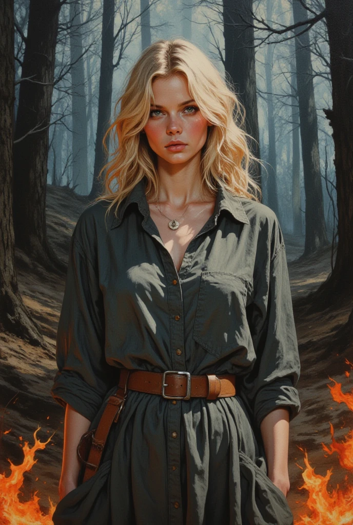 oil painting, ???? woman, 25 years old, blonde, shoulder length hair, dark gray history silk button-down shirt like dress, leather belt, watercolor background of a gloomy forest, black fog, dynamic pose, roaring magic around, fire on the ground, lightning in the sky, portrait, looking straight into the camera, large strokes, high quality details
