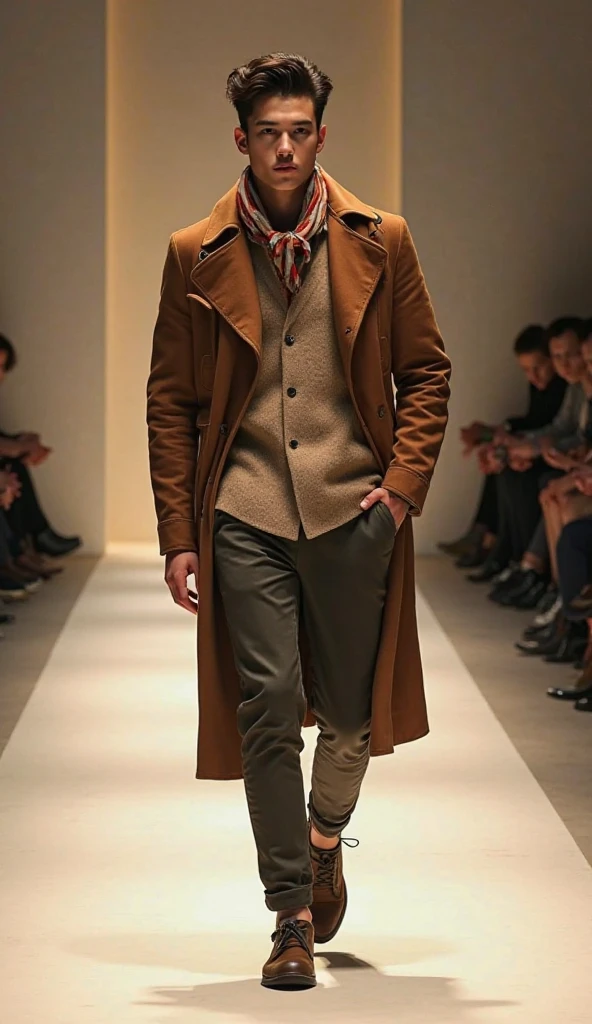 (photorealism:1.2),  very Handsome japanese man, 22-27 year-old, fashion model, fall season European causel wear with neckerchief, on the runway 