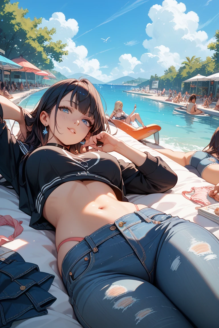 ((3 boys)), (1 girl), Are standing, swimshorts, on the beach, masterpiece, highest quality, Super detailed, cowboy_shot