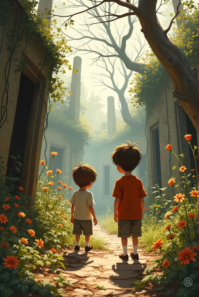 Les enfants découvrent un vieux jardin rempli de fleurs fanées et d’arbres secs.

Léo propose de le nettoyer pour en faire un espace de jeu.

Tom râle : "Pourquoi faire ça ? C’est trop de travail !"