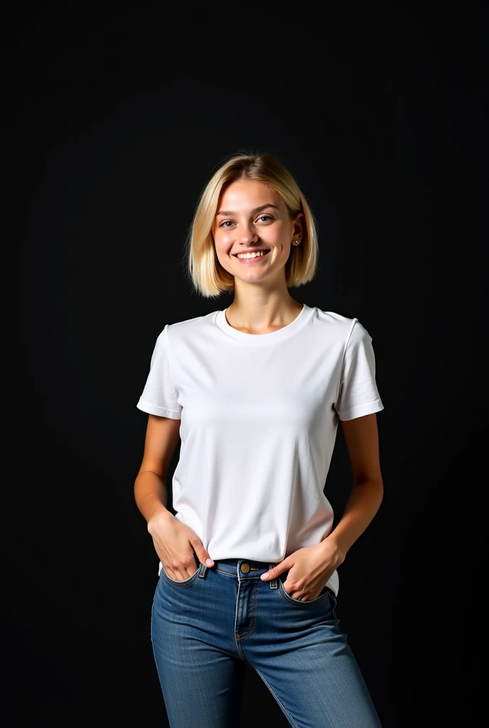 (photo: 1.3) af (realism: 1.4), (((white T-shirt))), (blond lady), super high resolution, (realism: 1.4), 1 girl, female avatar, soft light, Black hair, smile, facial focus, cheerful, young, confident, ((gray background)), (((monochrome background))), high definition, details, slightly looking up, perfect picture, movie quality, ultra high definition, Female avatar, beautiful girl, young and beautiful, exquisite face, elegant and luxurious