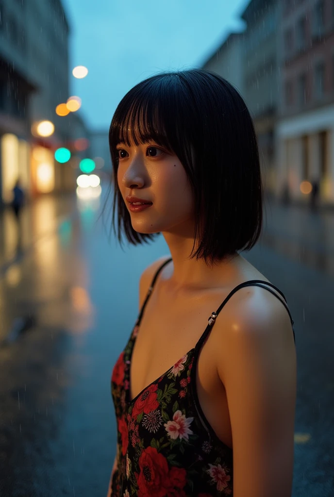(highest quality),one girl,Japanese,Huge breasts,Cleavage,Short Hair,Straight hair,Black Hair,bangs,park,sweater,sweating,
standing, water drop, rain, Cinematic lighting,((hand holding umbrella))
 