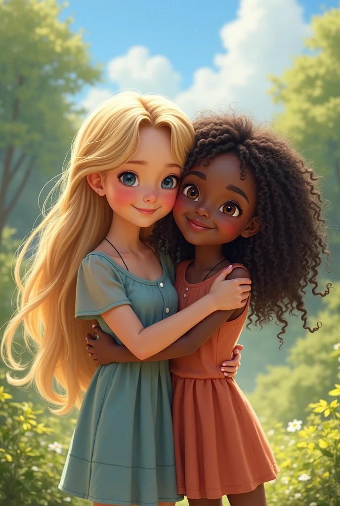 Uma imagem de Luna, Uma garotinha com pele negra, With bright eyes and curious expression and beautiful smile, Talking to other children