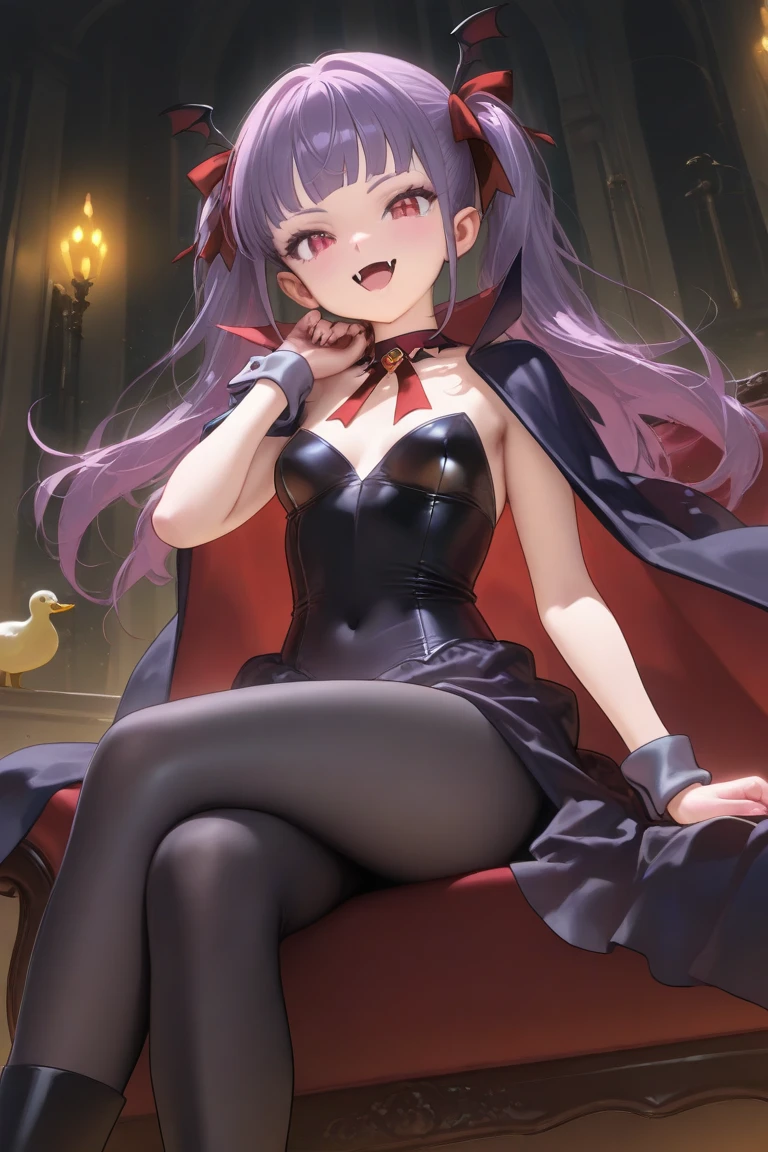 ((best quality)), ((masterpiece)), (detailed), perfect face, solo, alone, masterpiece, wagashi, tokoyami towa, purple hair, medium hair, double hair bun, gold eyes, pointy ears, sidelocks, hair ribbon, latex top, heart cutout, skirt, black boots, ((big breasts)), cleavage, smug, smirk, ((mesugaki expression)), (fangs, sharp teeth), succubus horns, small horns, from below, sitting on throne, arms down, feet in view