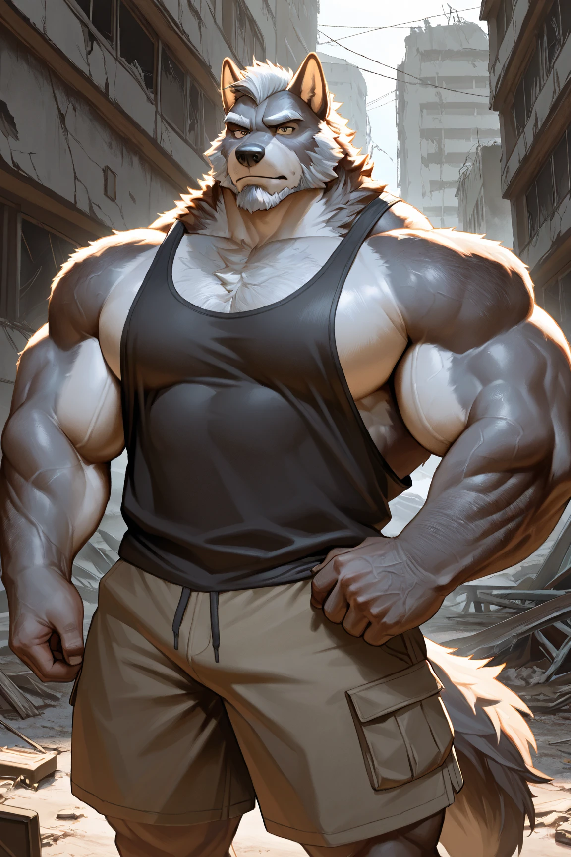 hairy,((Wolf,shirtless,construction shorts,Black-rimmed glasses,White towel)),beard,white fur,male,Common,full-body shot((极其lifelike阴影,masterpiece,Very detailed,lifelike)), ((Cat)),dynamic poses,Construction site,Show arm muscles,Wipe away sweat with a towel((极其lifelike背景,masterpiece,Very detailed,lifelike))Detailed background