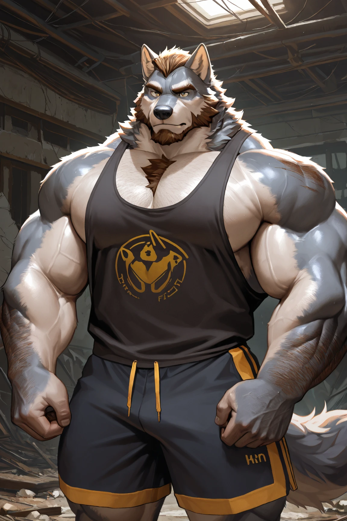 solo, 1boy, Huge Muscular Old Grizzly Bear Daddy wearing glasses , pectoral, huge pectoral, wide pectoral, short grey hair, gym short pants, black wristbands and black tank top ,bearded, grey Mustache, simple background, masterpiece, high detailed, 8k, high resolution, at the gym, reps