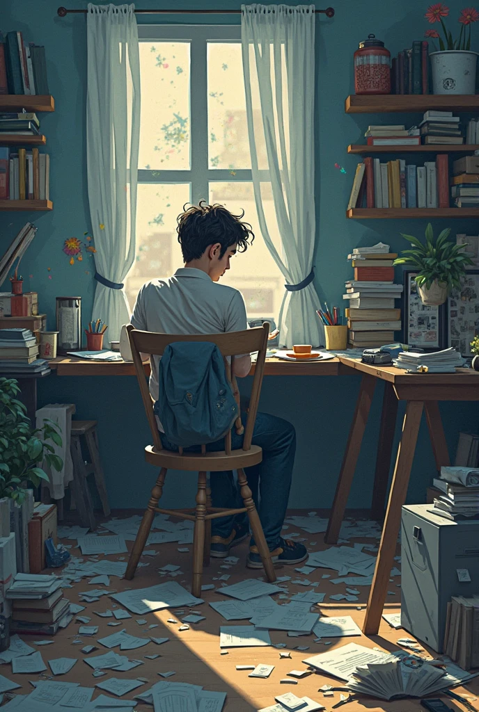 Agar aapko tension aur anxiety ko visual elements ke zariye dikhana hai, to aap jo description de rahe hain, usse kaafi impactful aur expressive imagery create ho sakti hai. Yeh steps follow karke aap apni illustration ko aur bhi emotional aur relatable bana sakti hain:

Cluttered or Chaotic Space: Character ke aas paas scattered papers, books, incomplete tasks, ya unorganized items dikhayein, jo internal chaos aur mental pressure ko indicate karenge. Aap background ko bohot busy ya disordered dikhake, character ke stress ko highlight kar sakti hain.

Shadows or Dark Areas: Character ke aas paas deep shadows daalein, jo uske andar ke dark thoughts aur mental struggles ko represent karte hain. Yeh shadows uske face ya body pe bhi ho sakte hain, jisse internal anxiety aur depression ka effect dikhaye.

Overwhelming Objects: Aap character ko ek bohot bara stack of books ya ek heavy object ke neeche dikhayein, jaise ek weight jo uske upar ho. Yeh uske mind aur life ke burden ko represent karega. Aap is object ko character ke aas paas bhi place kar sakti hain, jo usse emotionally overwhelm kar raha ho.

Distorted or Blurry Elements: Background ko thoda blurred ya distorted rakh kar, aap character ke mental confusion ko dikhayein. Yeh method, jese ki zoom-out effect, uske mind ki state ko visually show karega, jaise woh sab kuch tezi se ho raha ho aur character ko samajh nahi aata.

Time-Related Imagery: Fast-moving clocks ya hourglasses ka use karke aap time pressure ko emphasize kar sakti hain. Yeh element character ke anxiety ka visual cue hoga, jahan time ka constant pressure dikh raha ho.

Fragmented or Floating Pieces: Incomplete ya floating pieces (jaise adhe-cut objects ya floating papers) ka use karke aap character ke disorganized mind ko depict kar sakti hain. Yeh aapke illustration ko fragmented aur chaotic bana dega, jo uske anxiety aur stress ko clearly show karega.

Agar aapke character ka pose aur expression bhi thoda reflect karein, jaise woh pen tablet ko