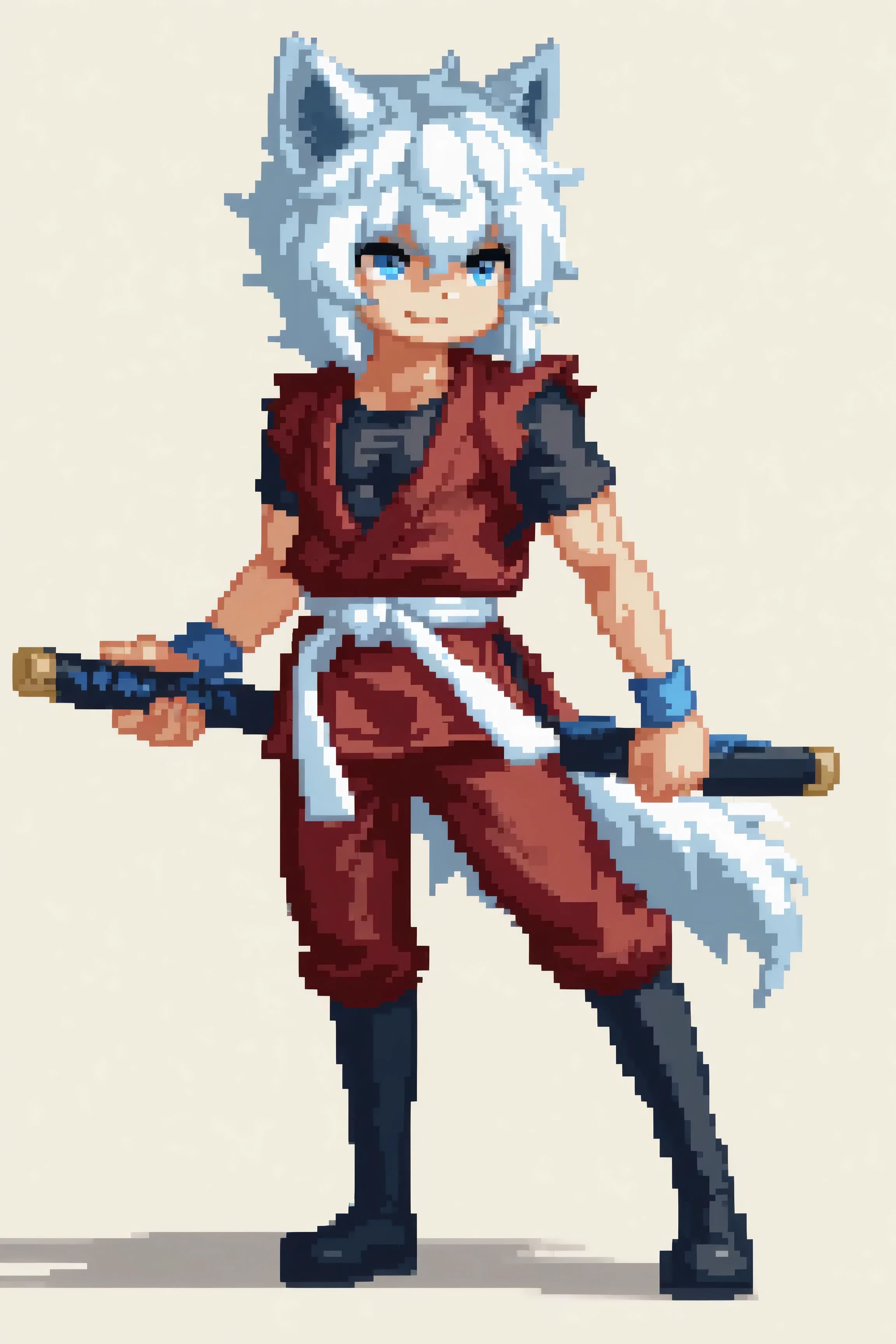 1boy, athletic male, arm at side, biceps, black boots, black pants, black undershirt, blue eyes, blue wristbands, dougi, dutch angel, fighting stance, fingernails, full body, holding sheath, holding sword, holding weapon, male focus, medium hair, messy hair, obi, pants, red dougi, sash, shade, shadow, shaggy hair, shirt, shoes, short sleeves, shota, smirk, standing, sword, taut clothes, taut shirt, weapon, white hair, white sash, wolf boy, wolf ears, wolf tail, wristband, young, 