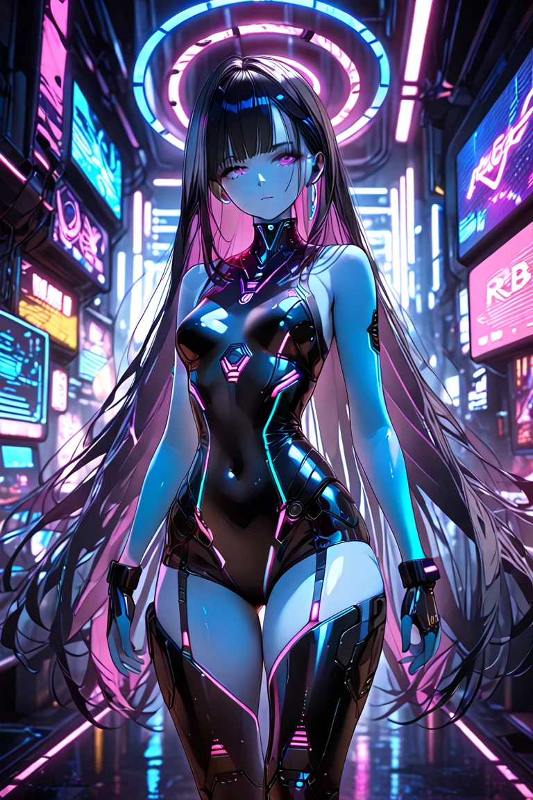 ((An exhilarating masterpiece anime illustration comes to life, showcasing a cyber girl with an extremely delicate and beautiful appearance.).), ((Her exposed face, a work of art in its own right, boasts intricate details and an ethereal allure)).), ((A mechanical member, meticulously crafted, attaches to her neck via tube connections (1.2)).), ((Her body, an intricate labyrinth of wires and cables, glistens in the neon-lit cityscape.)), ((She wears a colorful Harajuku tech jacket, emblazoned with a bold logo, adding to her allure as she assumes a dynamic pose.)), ((Be