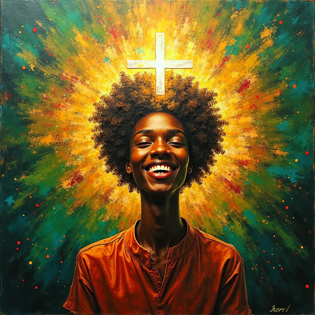 A vibrant and abstract painting featuring A afro  smile with cross behind him gold aura. The background is an explosion of bold, textured colors, with fiery green, deep gold, and dark green together in a dramatic and expressive manner. The brushstrokes are bold and dynamic, giving the artwork an energetic and spiritual tone, reminiscent of contemporary religious art. With text "You Are My Joy"