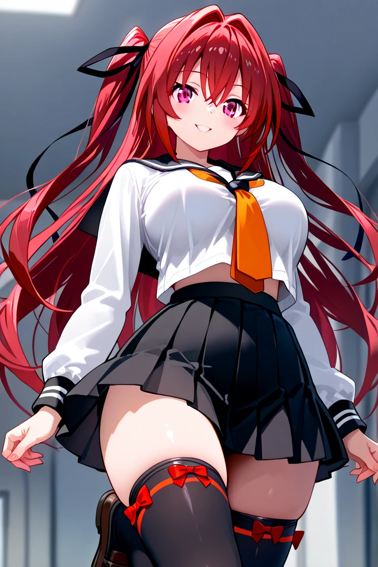 score_9, score_8_up, score_7_up, source_anime, highres, masterpiece, Kotori Itsuka, 1girl, pov, (, youngest, young), twintails, red hair, red eyes, smug smile, cowgirl position, riding, skirt, shirt, thighhighs, school uniform, jacket, white shirt, necktie, belt, black thighhighs, zettai ryouiki, red skirt, jacket on shoulders, red jacket, flat chest, (shirt lift, black lace bra), white ribbons, ((soft glowing background)), detailed small breasts, seductive expression, anime style, lewd, erotic, explicit, suggestive, pussy, ((large insertion((, arched back, perfect hands,