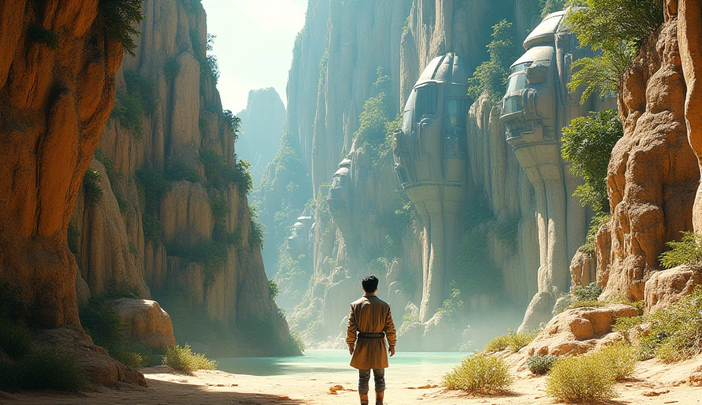 Design a hyperrealistic image in 16K of an intense one that elevates particles of dust and tropical humidity. THE CLOSE-UP OF A GENERAL PORTRAIT IS SEEN FROM A LOW ANGLE, FROM BELOW THE CYLINDERS WITH AN UPWARD VIEW OF THE ENVIRONMENT ON a tropical planet with cliffs of light gray rock, assemblages, full of natural protrusions from where CYLINDRICAL INSTALLATIONS EMERGE PROTRUDING IN THE HEIGHT OF THE ROCK WALLS OF THE CURLS WITH ULTRA-TECHNOLOGICAL ALIEN REINFORCED GLASS HATCHES AND WINDOWS, WITH TRANSMISSION ANTENNAS AND PARABOLAS integrated seamlessly with the environment. METALLIC LIGHT GRAY AND ORANGE, WITH RUSTY EXPOSED PARTS. From the cracks of the rock, fine crevices and falls of crystalline water descend. The atmosphere is humid and rich in vegetation. The sky is clear, lens with giant clouds floating above the stage. Captures the scene from an extremely low angle, al foot of the cliffs where the alien colony begins. It uses the optics of a Sony 16-35 mm f/4G PZ to achieve a natural but impressive perspective, with perfect depth of field that emphasizes the monumental scale of the ship. The lighting must be studio film type, highlighting metallic textures, reflections and active lights of the ship, , achieving a level of absolute hyperrealism worthy of a science fiction masterpiece. hyper realistic, high definition and resolution , PERFECT APPROACH AND OPTIMAL MANAGEMENT OF THE DEPTH OF FIELD. CINEMA MASTERPIECE
