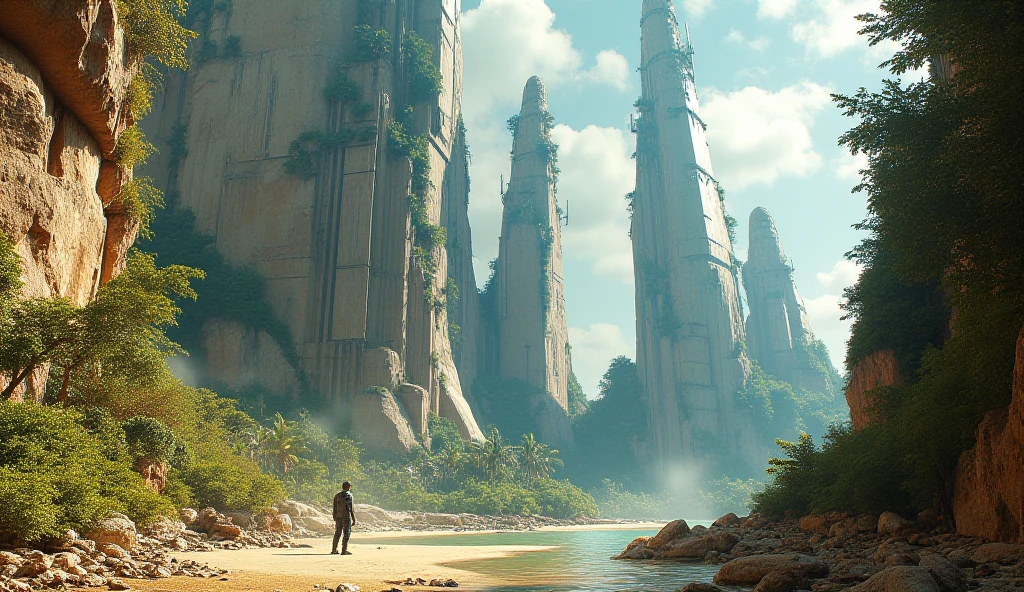 Design a hyperrealistic image in 16K of an intense one that elevates particles of dust and tropical humidity. THE CLOSE-UP OF A GENERAL PORTRAIT IS SEEN FROM A LOW ANGLE, FROM BELOW THE CYLINDERS WITH AN UPWARD VIEW OF THE ENVIRONMENT ON a tropical planet with cliffs of light gray rock, assemblages, full of natural protrusions from where CYLINDRICAL INSTALLATIONS EMERGE PROTRUDING IN THE HEIGHT OF THE ROCK WALLS OF THE CURLS WITH ULTRA-TECHNOLOGICAL ALIEN REINFORCED GLASS HATCHES AND WINDOWS, WITH TRANSMISSION ANTENNAS AND PARABOLAS integrated seamlessly with the environment. METALLIC LIGHT GRAY AND ORANGE, WITH RUSTY EXPOSED PARTS. From the cracks of the rock, fine crevices and falls of crystalline water descend. The atmosphere is humid and rich in vegetation. The sky is clear, lens with giant clouds floating above the stage. Captures the scene from an extremely low angle, al foot of the cliffs where the alien colony begins. It uses the optics of a Sony 16-35 mm f/4G PZ to achieve a natural but impressive perspective, with perfect depth of field that emphasizes the monumental scale of the ship. The lighting must be studio film type, highlighting metallic textures, reflections and active lights of the ship, , achieving a level of absolute hyperrealism worthy of a science fiction masterpiece. hyper realistic, high definition and resolution , PERFECT APPROACH AND OPTIMAL MANAGEMENT OF THE DEPTH OF FIELD. CINEMA MASTERPIECE
