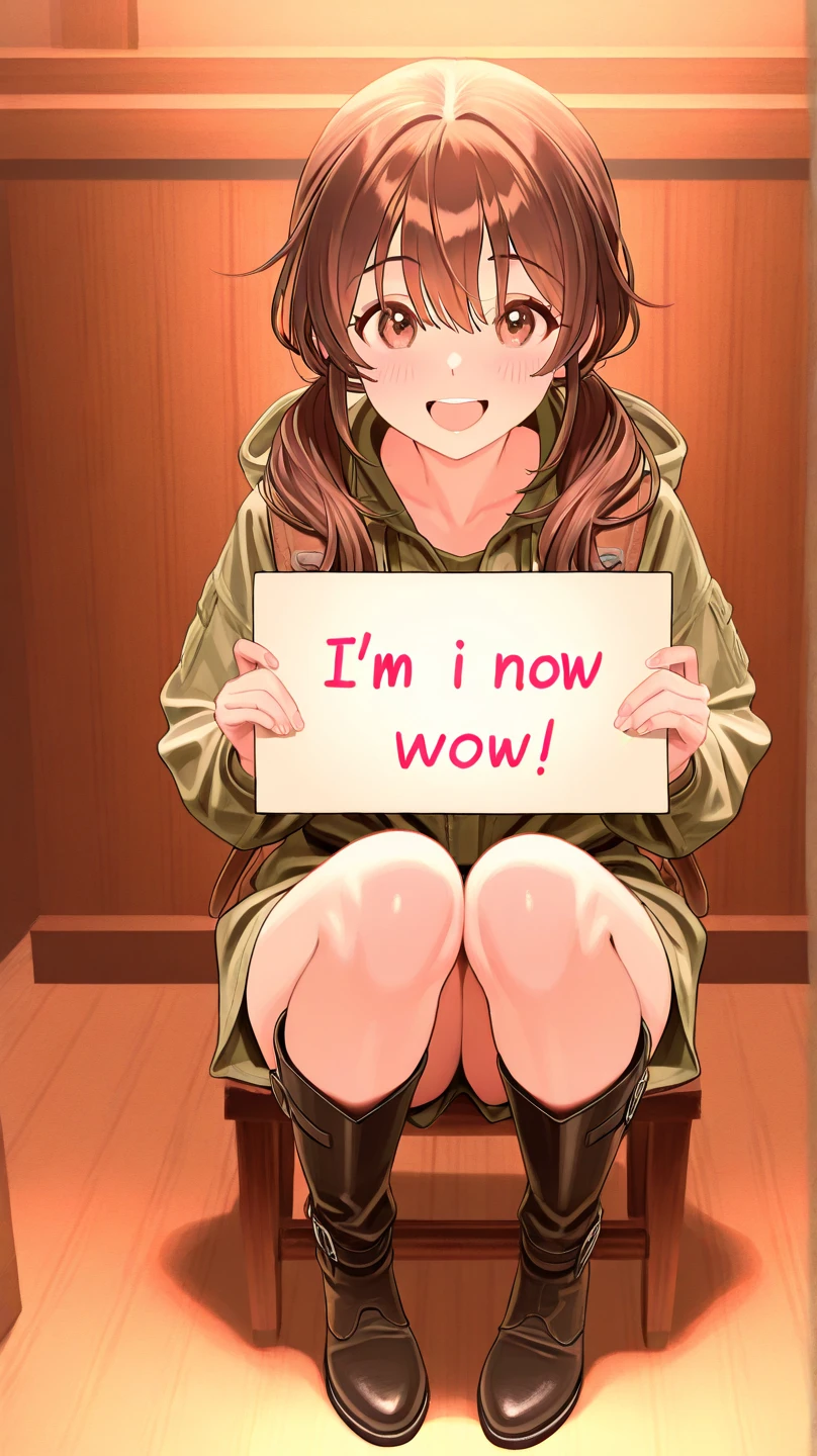 (,naked),realistic, masterpiece, best quality, 1girl,, (sign around neck),kneeling,red eyes,brown hair,vibrator in thighhighs thighvibe
