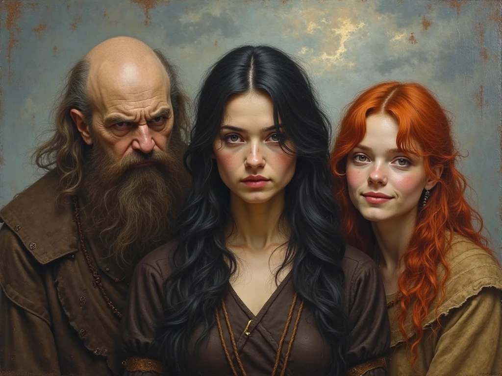 Oil painting. three people. There is a handsome woman with black hair in the middle. On the right is a redhead, Cheerful girl. On the left is a gloomy bald man. Ancient Rus&#39;. paganism. Shamanic ritual. cloudy. 
