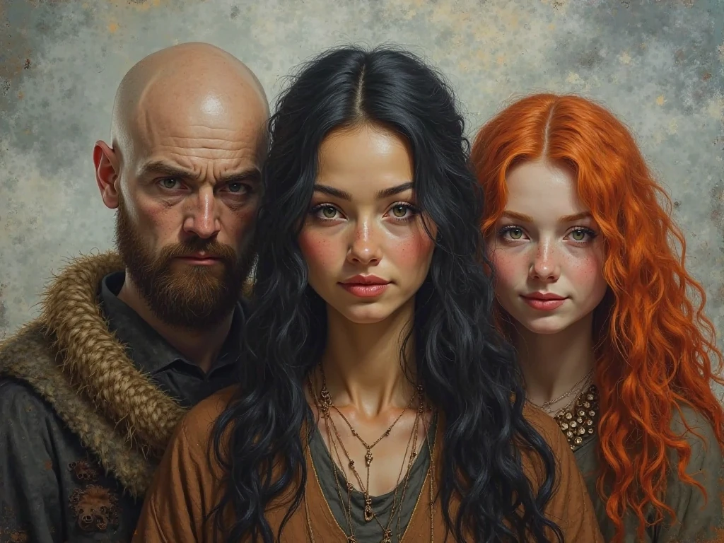 Oil painting. three people. There is a handsome woman with black hair in the middle. On the right is a redhead, Cheerful girl. On the left is a gloomy bald man. Ancient Rus'. paganism. Shamanic ritual. cloudy. 