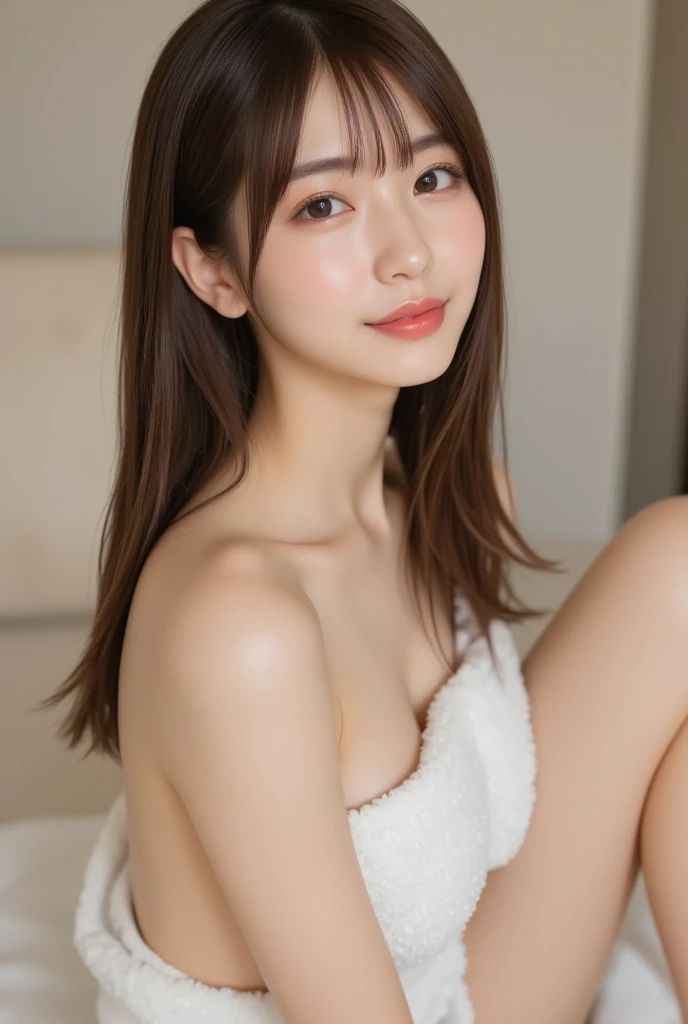 masutepiece, Best Quality, One girl, (Beautiful Girl:1.3), (:1.2), Very fine eye definition, (Symmetrical eyes:1.3), NSFW, (Put out naked, Cute sleeveless:1.3), Beautiful breasts, Brown eyes, Parted bangs, Brown hair, Upper teeth,Bedrooms,A smile,profile,Transverse breasts,Angle seen from the side,Fold your hands behind your back,Full body,