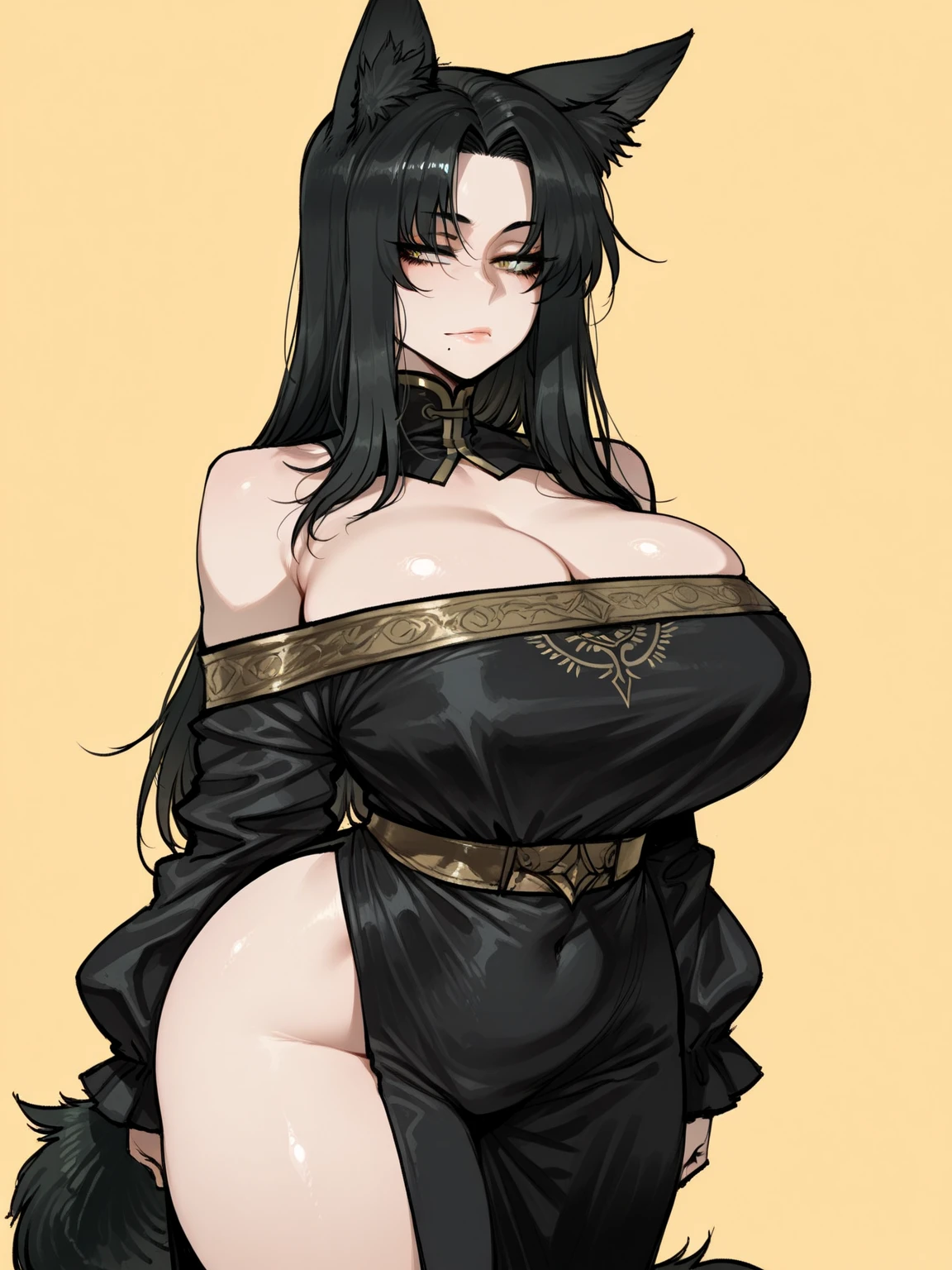 SShutaraV4, 1girl, solo, long hair, bangs, blunt bangs, (black eyes), (black hair:1.4), makeup, lipstick, red lipstick, ,long hair, female,makeup,eyelashes,blush, lipstick, large breasterpiece, best quality, highly detailed, a anime girls in long dress with navel cutout posing for a
picture, evil smile, smile, open mouth, (nsfw) not safe for work, revealing dress, beautiful dress center
opening , long dress with bellybutton showing, ecchi anime , anime girls, ecchi style, ecchgital
anime a in anime style, official artwork, visual novel cg, beautiful anime girl, anime style 4 k, exposed
navel, exposed bellybutton, jewelry, earrings, complex detailed background, casino environment, fancy
interior environment, rich interior,
