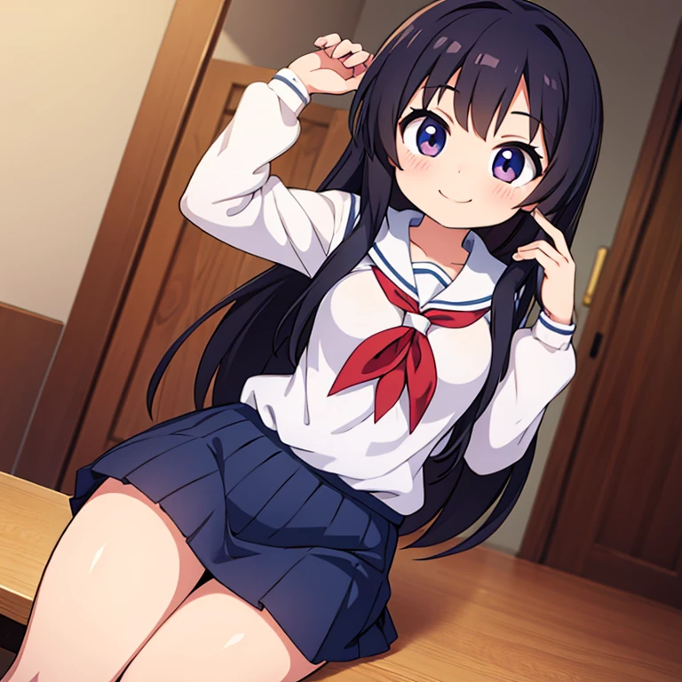 Elementary school girl, 8 years old, flat chest, black hair, long hair, purple eyes, smiling(1 person) White short-sleeved gym uniform on upper body、Navy blue bloomers and white panties White socks sneakers School corridor Are standing Dynamic Angle Low - Angle