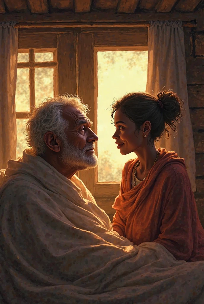 Awa's father slowly opening his eyes at sunrise. Mama Diarrah crying with joy and sadness at the same time. The inside of their cabin is bathed in soft light, symbole de renaissance.

